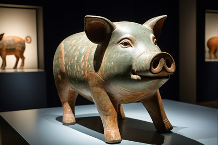 Exhibition of pottery pig-shaped artifacts in the museumの素材