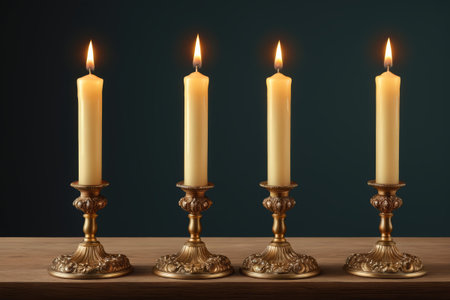 Four lit candles placed on the candlestickの素材
