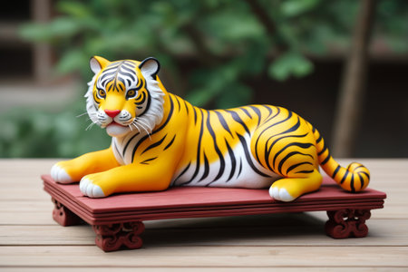 Tiger ornament on wooden baseの素材