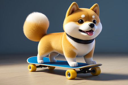 Cartoon Shiba Inu standing on a skateboardの素材