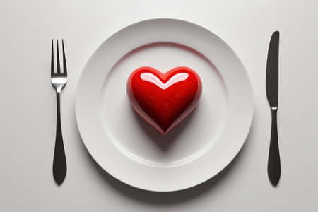 Red heart on white dinner plateの素材