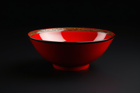 Close-up of a red gold-rimmed Chinese bowlの素材