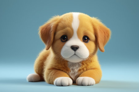 Close-up of cute little milk dog sitting on his stomachの素材