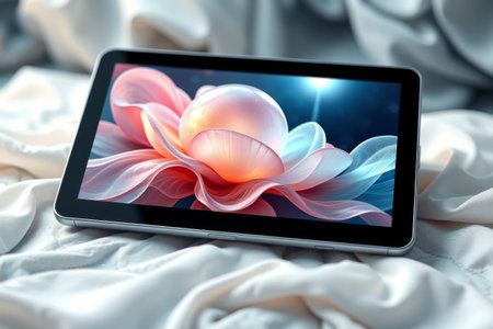 Tablet placed on the bedの素材