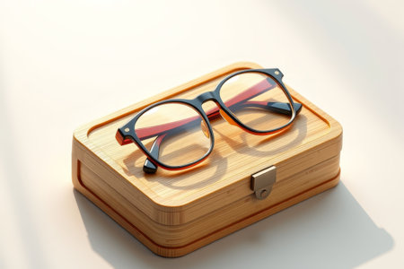 Stylish frame glasses on wooden caseの素材