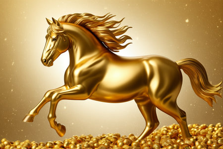 The golden horse stands on the golden beadの素材