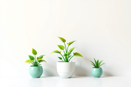 Three pots of green plants are placed in front of a white backgroundの素材