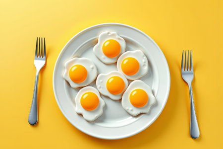 Fried egg and fork on a yellow background plateの素材