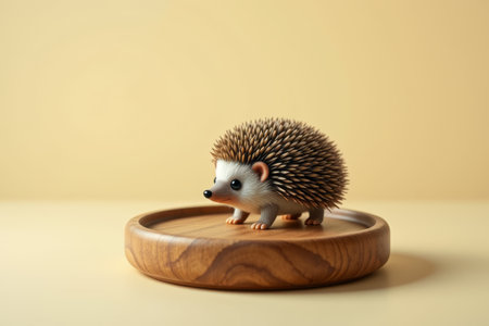 Macro close-up of a hedgehog on a wooden plateの素材
