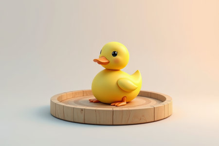 Yellow cartoon duck standing on a wooden plateの素材