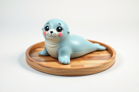 Cartoon seal ornaments on wooden trayの素材