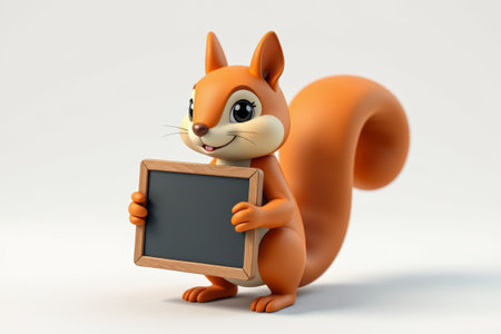 Cartoon squirrel holding a blank blackboardの素材