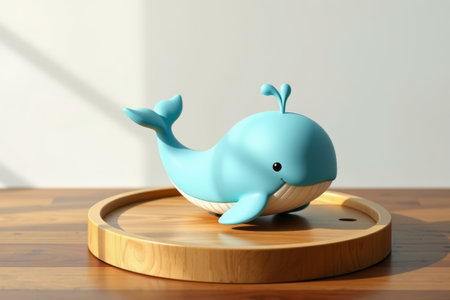 Close-up of a still life with a blue cartoon whale ornamentの素材