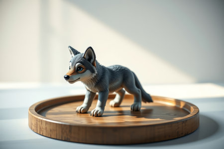 Wolf sculpture ornament on wooden plateの素材