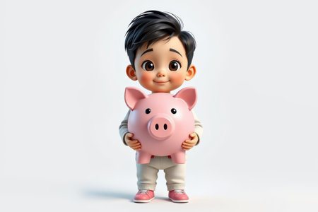 Cartoon boy holding pink piggy bankの素材