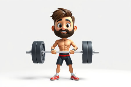 Cartoon character holds a barbell for fitnessの素材