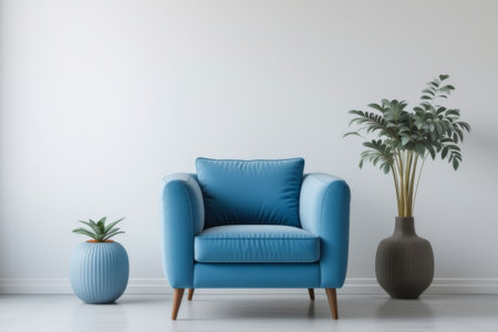 Indoor blue single sofa and green plant ornamentsの素材