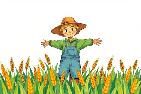 Hatted scarecrow with arms outstretched in wheat fieldの素材