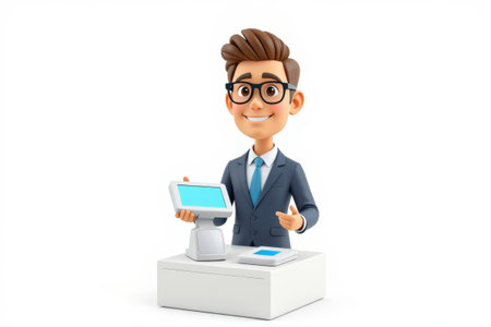 Cartoon businessman holding cash register deviceの素材