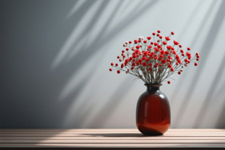 Vase with red bouquet on wooden tableの素材