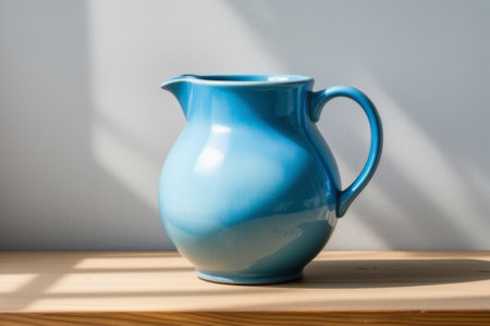 Blue ceramic kettle on wooden tableの素材