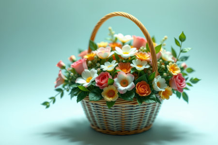 Rattan flower basket filled with flowersの素材