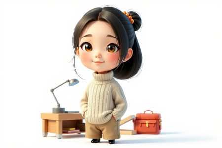 Cartoon girl standing at deskの素材