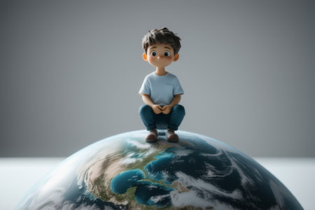 Little boy sitting on Earth modelの素材