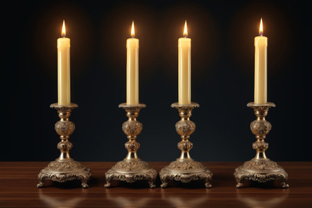 Close-up of burning candles and vintage candlesticksの素材