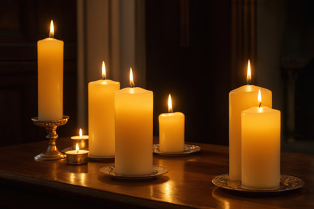 Burning candles are placed on the tableの素材