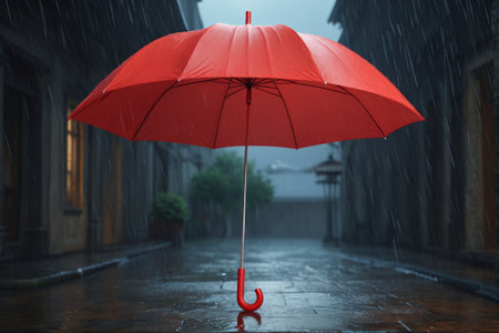 Red umbrellas on the rainy streetの素材