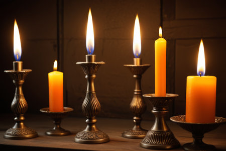 Close-up of lit candles and candlesticksの素材