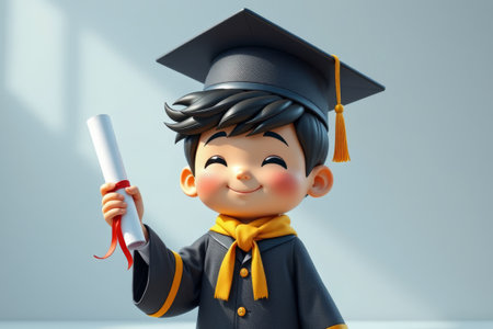 Cartoon graduation boy holding certificateの素材