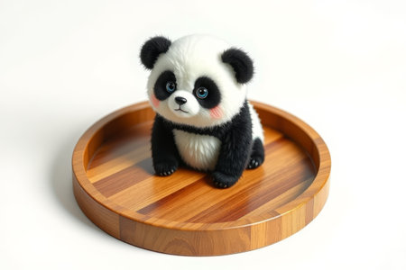 Cute panda doll on wooden trayの素材