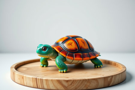 Colorful turtle toys on a wooden plateの素材