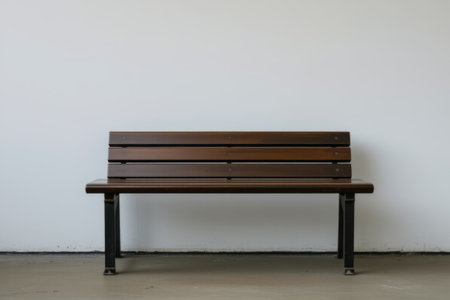 Close-up of wooden bench against wallの素材