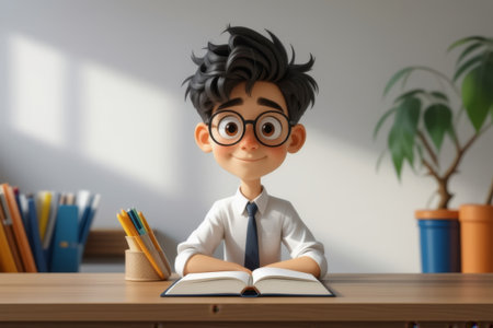 Cartoon boy focusing on reading at the tableの素材