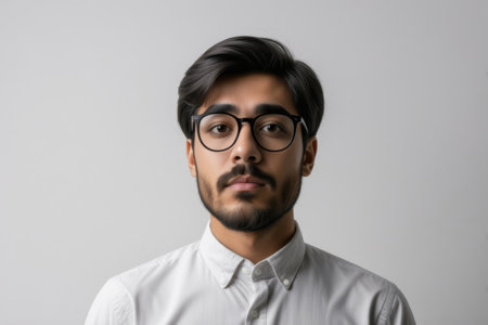 Frontal portrait of a young man wearing glassesの素材