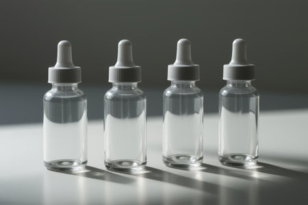 Clear glass dropper bottle still life displayの素材