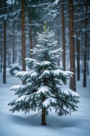 Pines in a snow-covered forestの素材