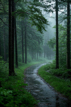 Winding path in the forest in the rainの素材