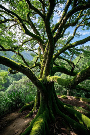 Lush ancient trees and surrounding scenery outdoorsの素材