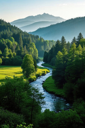 Natural scenery of winding rivers in the mountains and forestsの素材