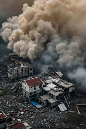 The scene of thick smoke billowing on the ruinsの素材