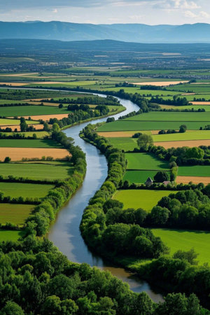 Overlooking the winding river and green fieldsの素材