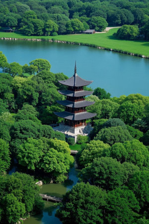 Green trees surround the landscape of the ancient tower by the lakeの素材