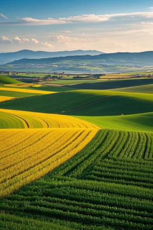 Panoramic view of rural scenery and farmlandの素材