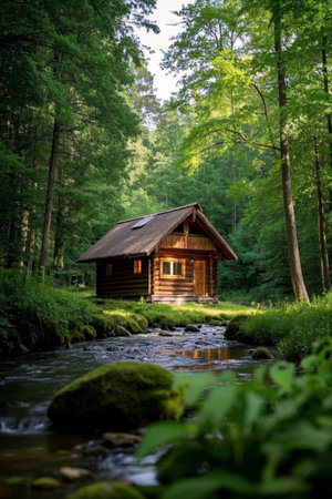 Wooden hut by the stream in the forestの素材