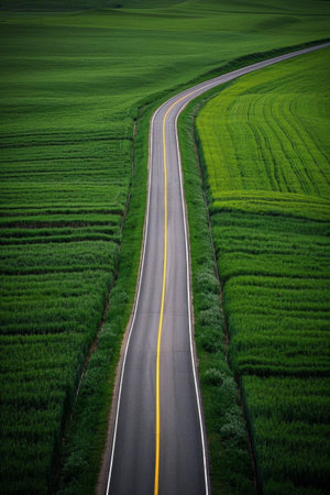 Overlooking the winding road between the fieldsの素材