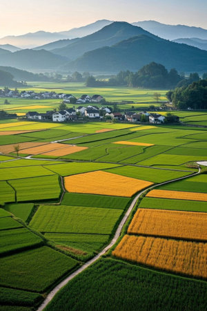 Aerial view of rural fields and villagesの素材